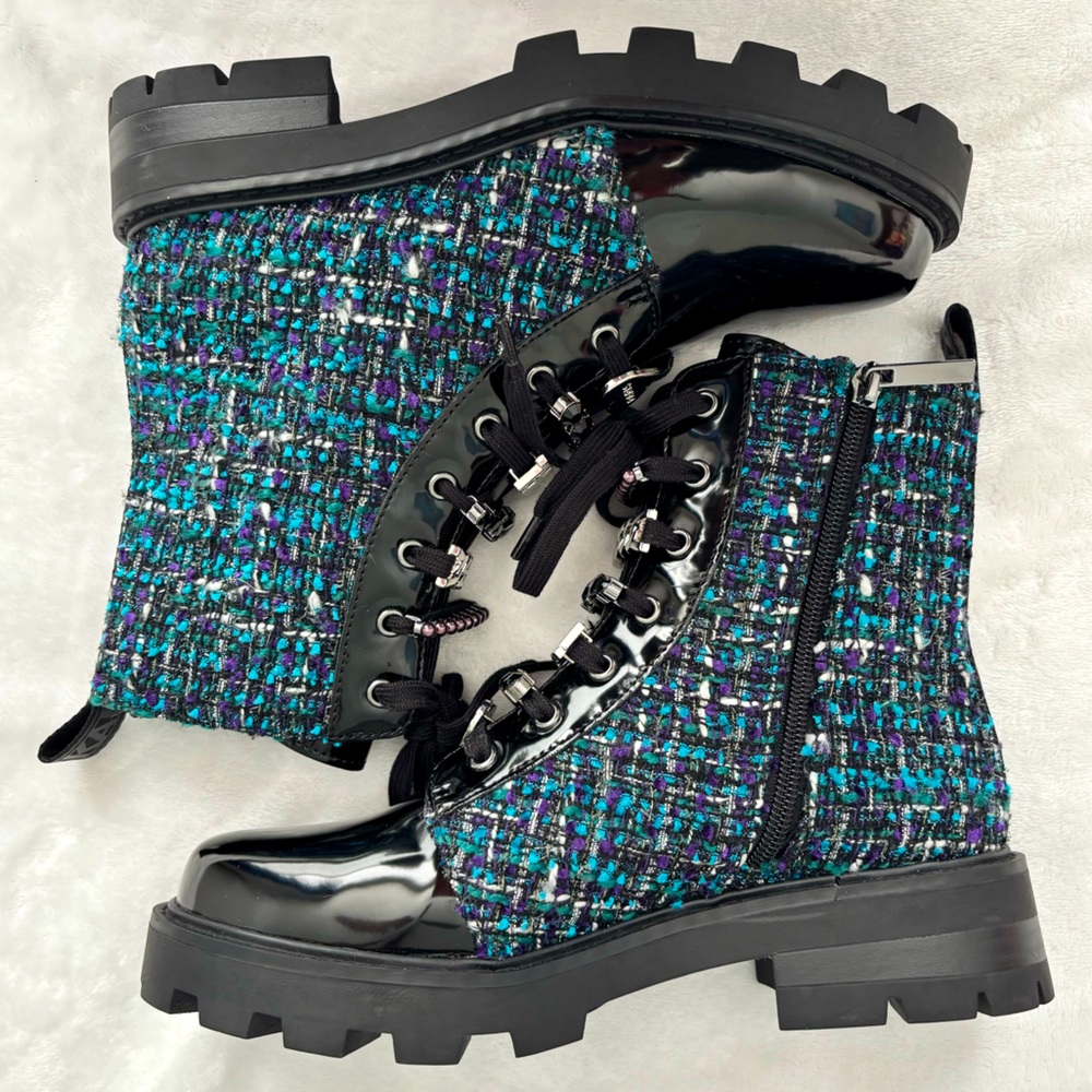 KARL LAGERFELD Mela Black and Blue Tweed Embellished Combat Boots--NWT--7